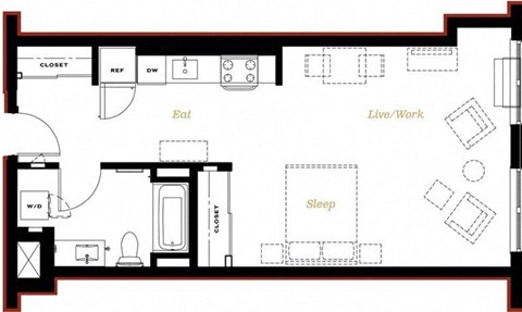 Floor plan for studio, 1 bath, 531 sqft